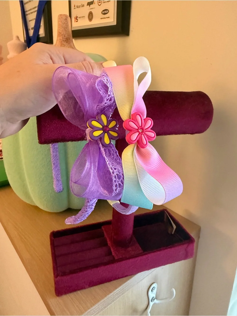 2 Kids Flower Ribbon Hair Bows - Purple and Pastel Multicolor